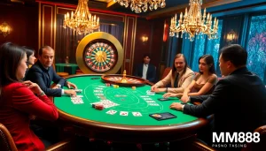 Experience the excitement of MM88 with players enjoying a high-stakes poker game in a luxurious casino.