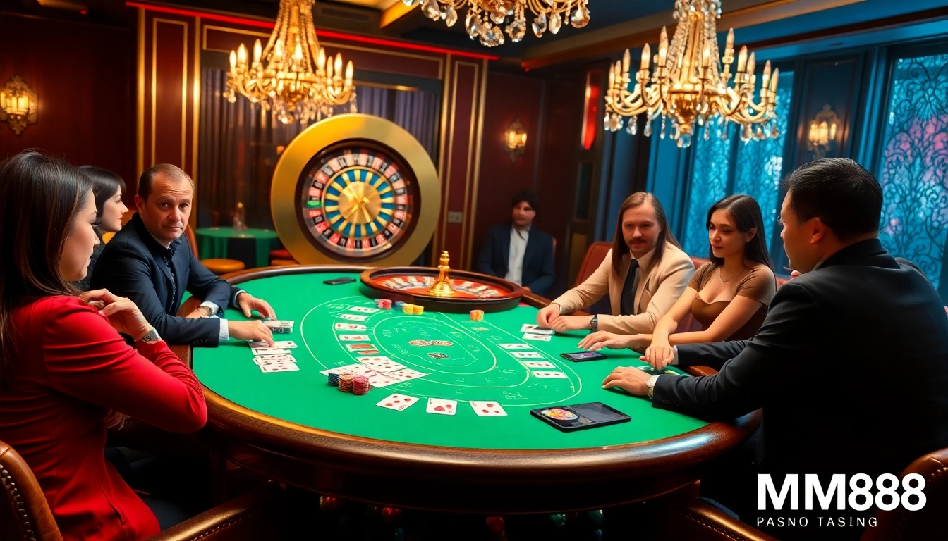 Experience the excitement of MM88 with players enjoying a high-stakes poker game in a luxurious casino.