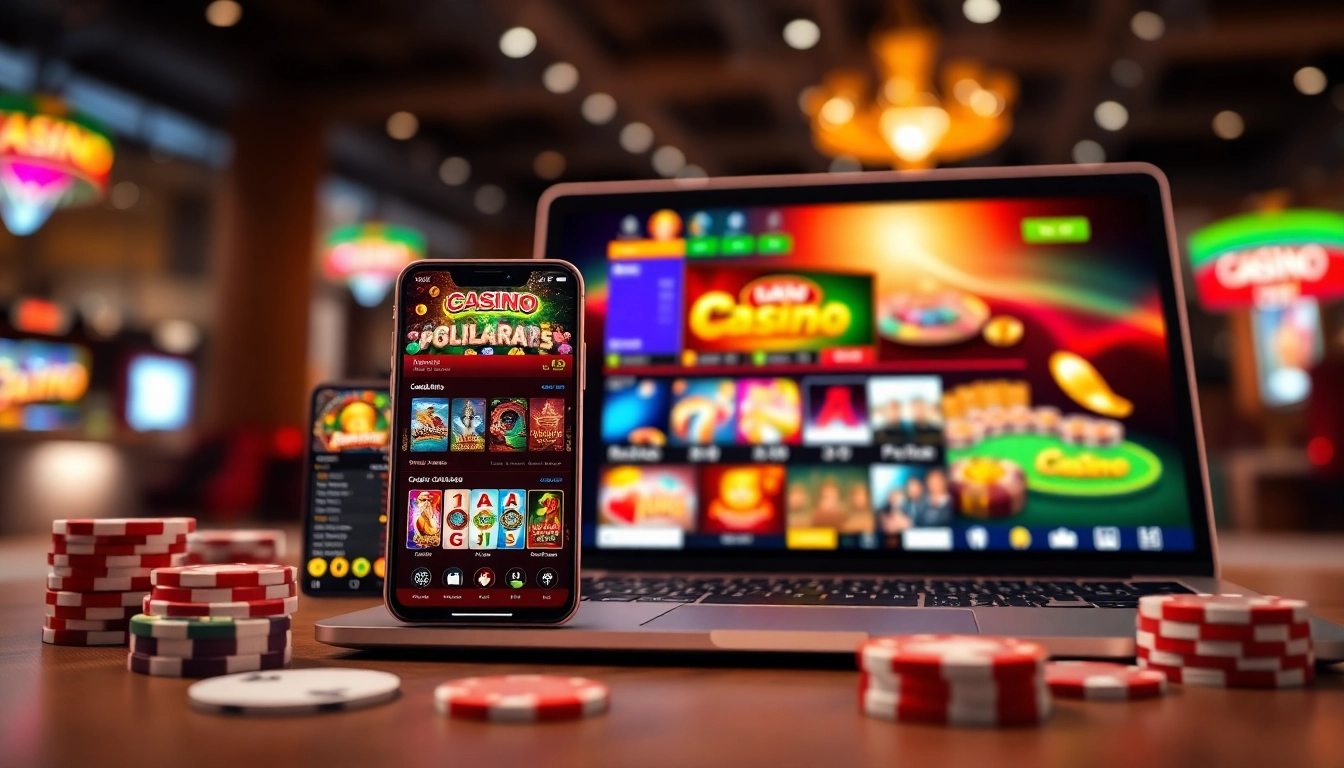 A188 online casino interface on smartphone and laptop showcasing engaging games and vibrant colors.