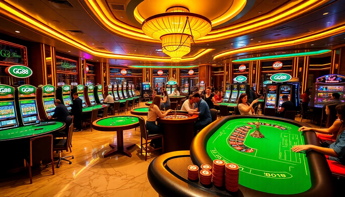 Exciting casino game with GG 88 logo on vibrant tables and slot machines, showcasing thrills.
