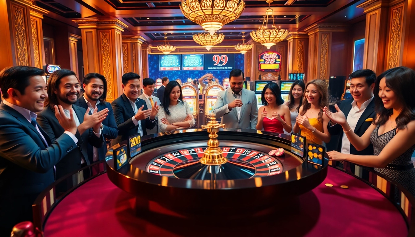 Experience thrill at 99WIN's roulette table with vibrant atmosphere and players engaged.