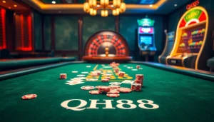 Experience the excitement at QH88's luxury poker table featuring colorful poker chips and cards.