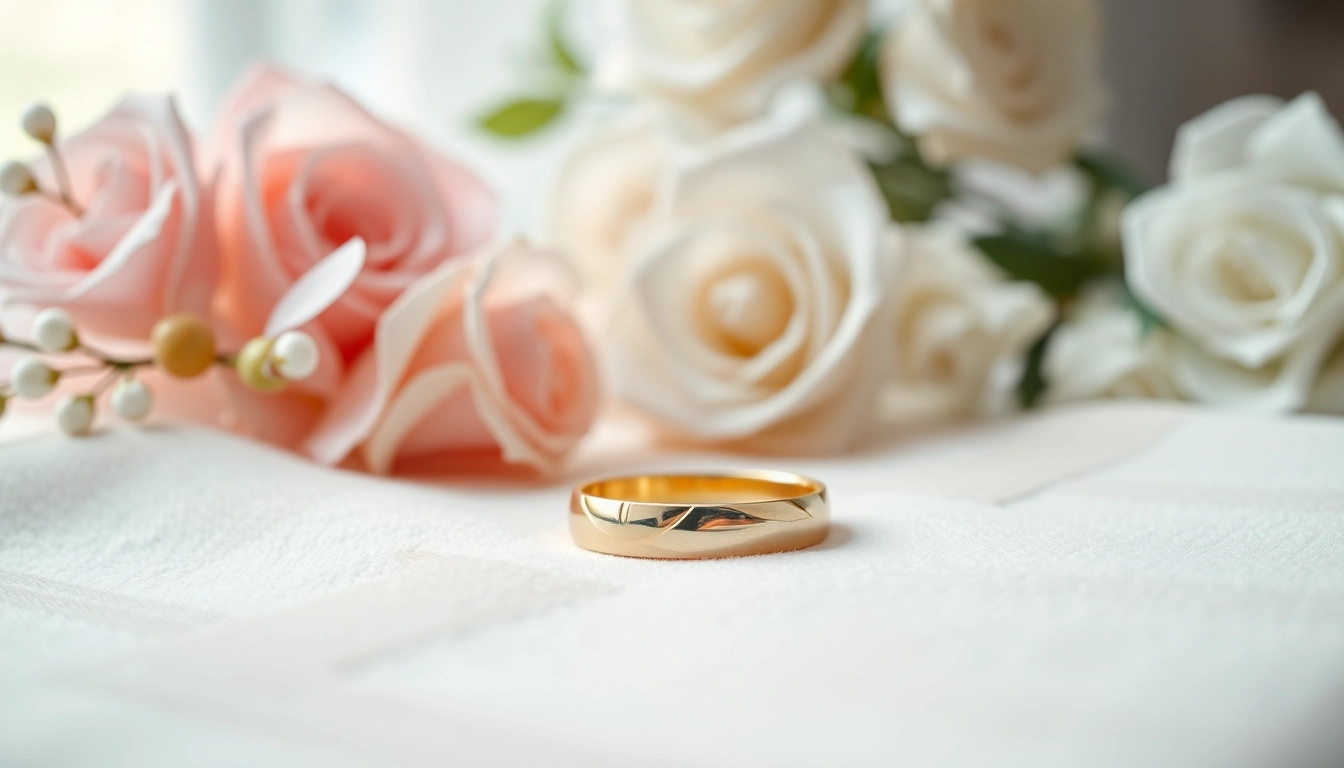 柔らかなベルベットの上に美しく作られた結婚指輪が置かれ、愛を象徴します。