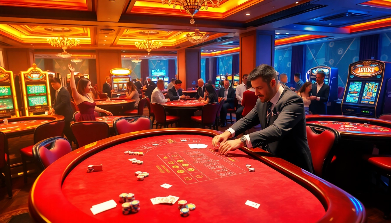 Action-packed casino scene featuring j88.gives players engaging with vibrant tables and excited bets.