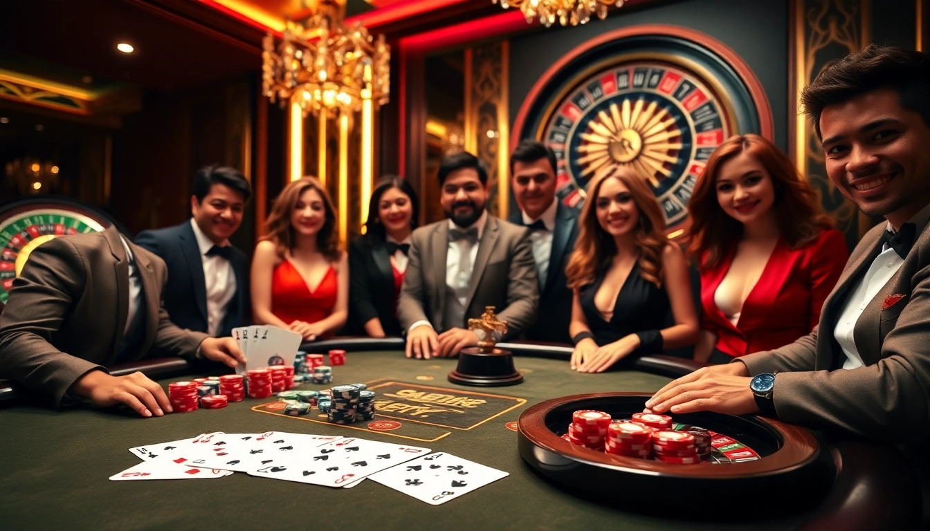 Players engaged in a thrilling poker game at Link 56WIN casino with colorful chips and warm lighting.