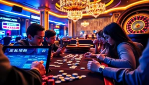 Engage with רמיקוב אונליין in an upscale casino environment, featuring luxury gaming tables and vibrant player interactions.