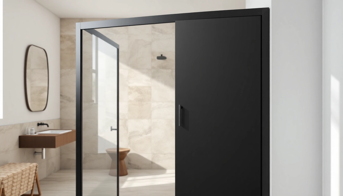 Stylish black shower door black frame with minimalist design enhancing a modern bathroom.