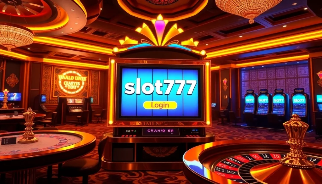 Engage with the slot777 login screen in a vibrant online casino setting filled with colorful gambling elements and excitement.