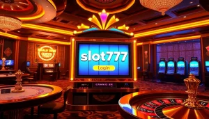 Engage with the slot777 login screen in a vibrant online casino setting filled with colorful gambling elements and excitement.