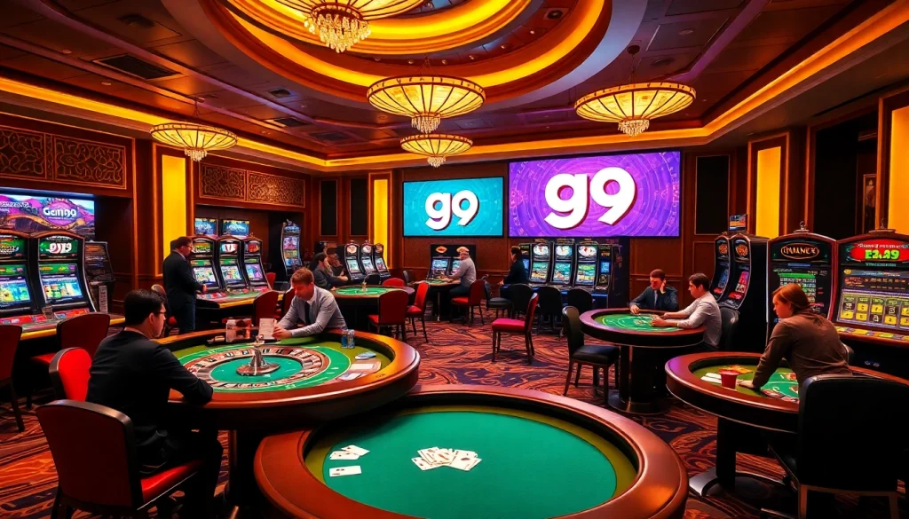 Excited gamblers enjoying games at a luxurious casino with the "go 99" theme prominently featured.