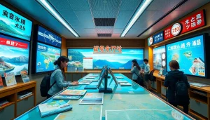 活気ある旅行代理店のオフィスに表示されたHIS クーポンのプロモーション。魅力的な旅行オファーを展示。