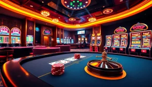 Tải daga casino experience with vibrant poker, roulette, and slot machines.