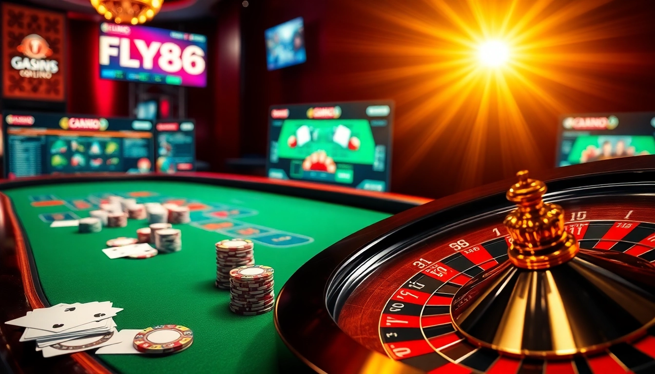 Experience the excitement of FLY88 trang chủ with a vibrant casino scene featuring poker chips and roulette.