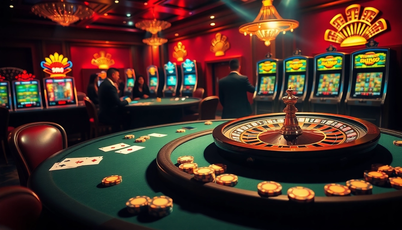 Experience the luxury of 79king with gamblers at a poker table and a dazzling roulette wheel.