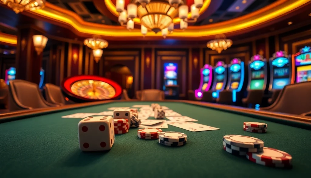 Engaging poker table at https://f8bet.ventures/ showcasing vibrant chips and cards under warm lighting.