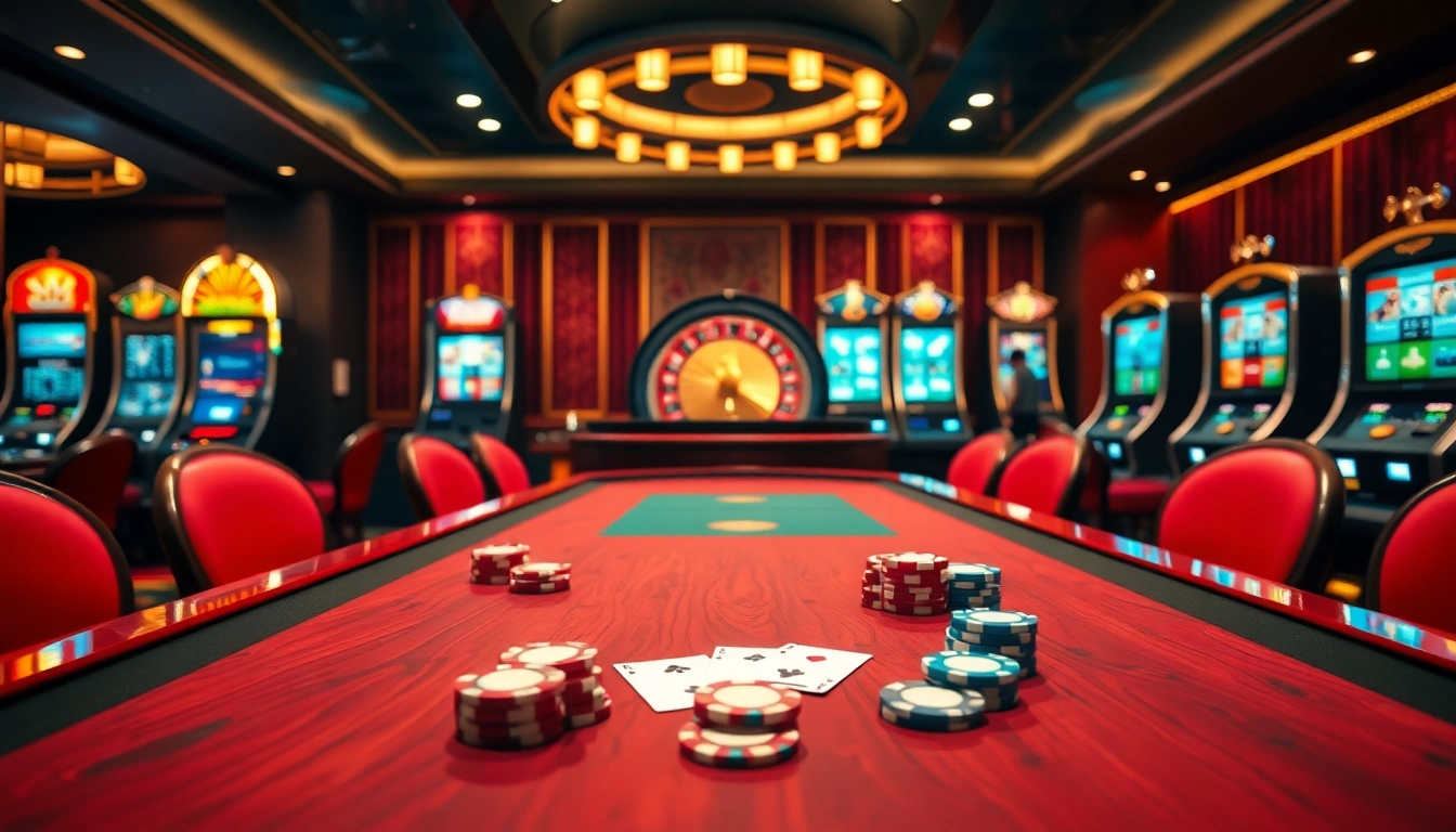 A breathtaking casino homepage scene featuring a poker table, roulette wheel, and slot machines in a luxurious setting.