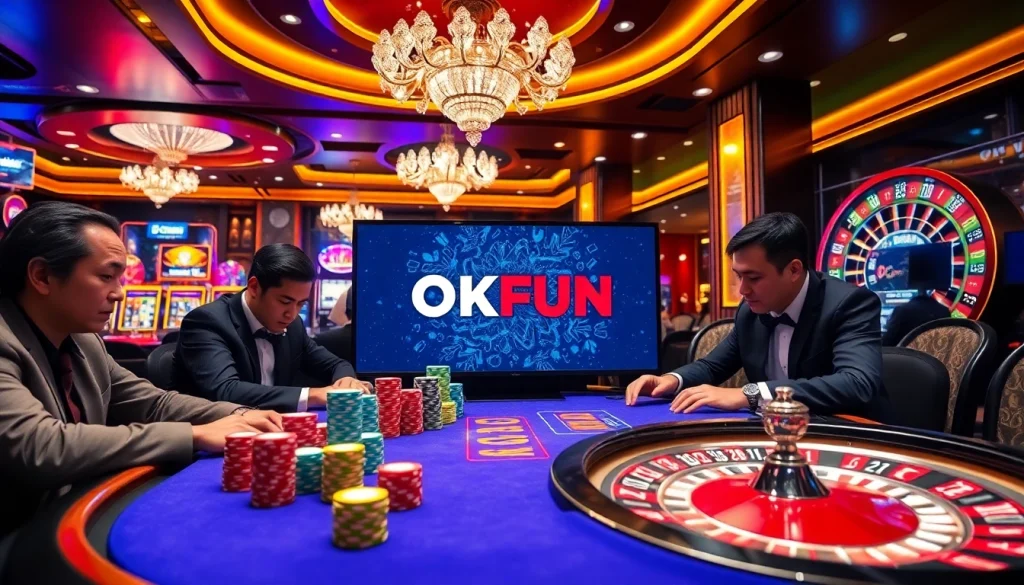 Experience thrilling gameplay at OKFUN with vibrant casino tables and dynamic slot machines.