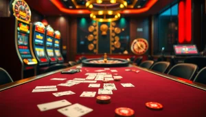 Experience thrilling gameplay at MM88 with vibrant casino tables, slot machines, and roulette wheels.