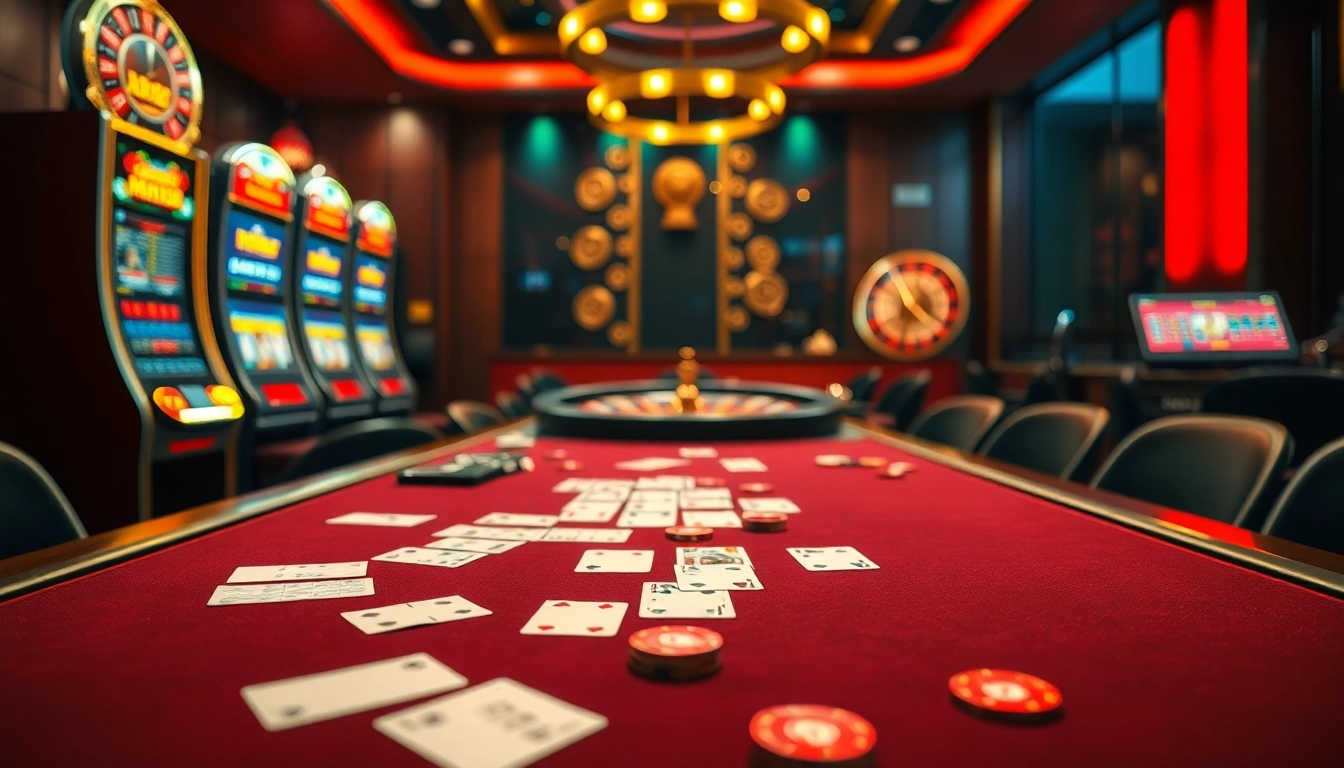 Experience thrilling gameplay at MM88 with vibrant casino tables, slot machines, and roulette wheels.