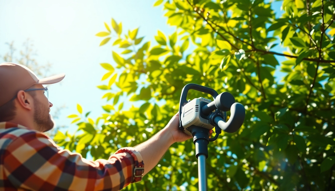 The best electric pole saw in action, trimming tree limbs effortlessly in a sunny backyard.