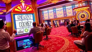 Adegan yang mendebarkan dari slot bet 100 di kasino mewah dengan para pemain dan mesin berwarna-warni.
