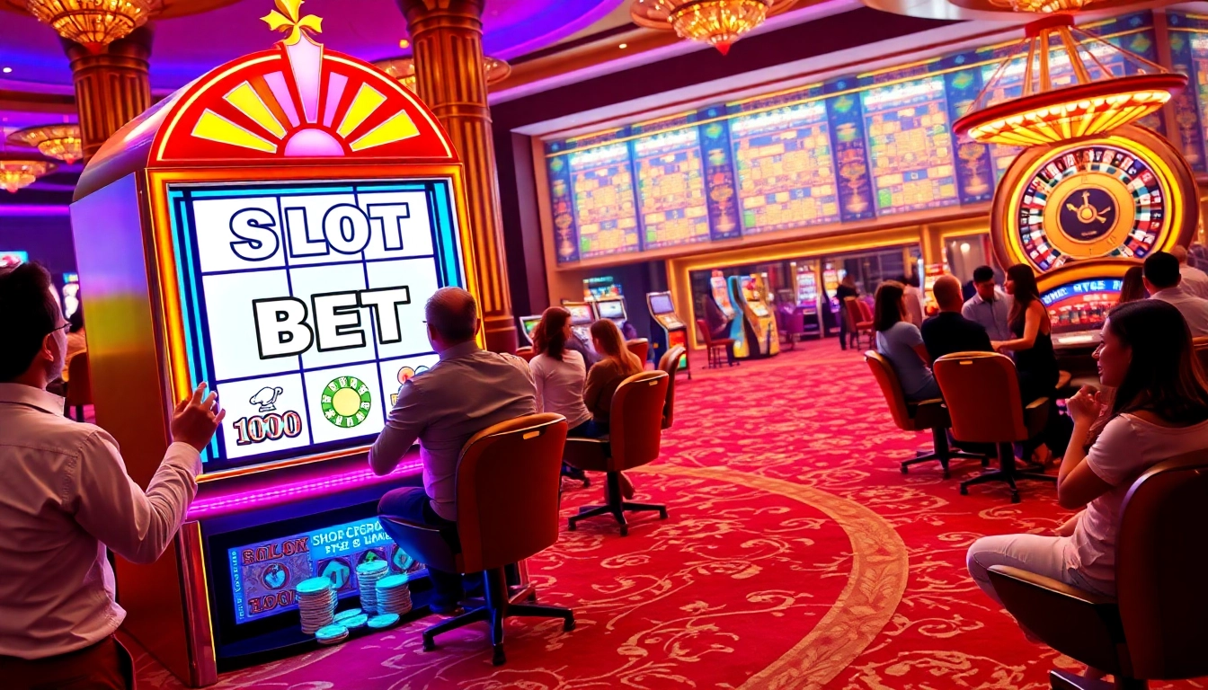 Adegan yang mendebarkan dari slot bet 100 di kasino mewah dengan para pemain dan mesin berwarna-warni.
