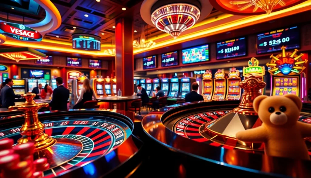 A dynamic casino scene showcasing roulette and poker action at https://vmax1.co/, embodying excitement and luxury.