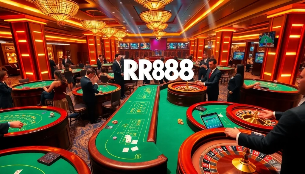 Experience the thrill of RR88 with vibrant casino action featuring players at game tables.