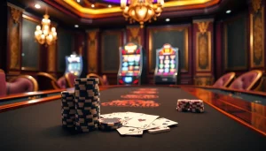Không khí casino hấp dẫn tại LUCK8 với những đồng chip poker sống động và một máy đánh bạc đầy mời gọi.