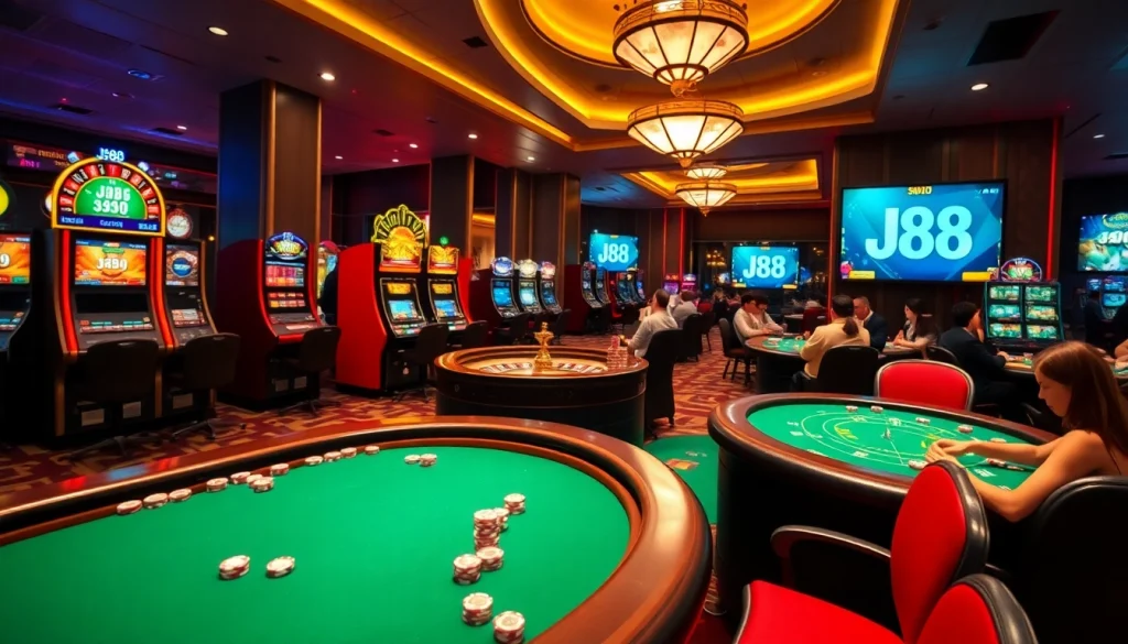 Experience thrilling gaming action at J88, including lively casino tables and engaging slot machines.