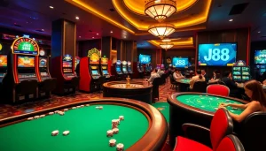 Experience thrilling gaming action at J88, including lively casino tables and engaging slot machines.