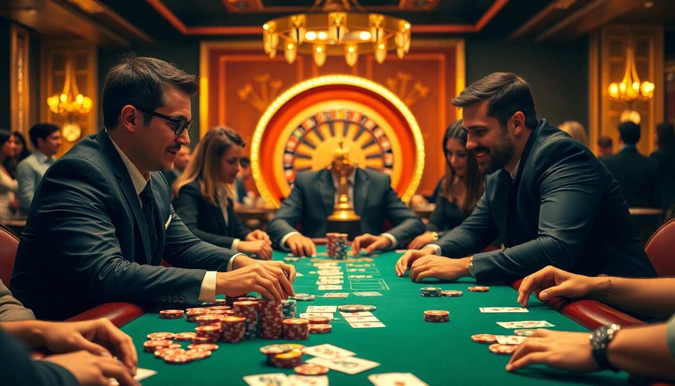 Players enjoying a thrilling poker game in a luxurious casino atmosphere with k9k9 excitement.