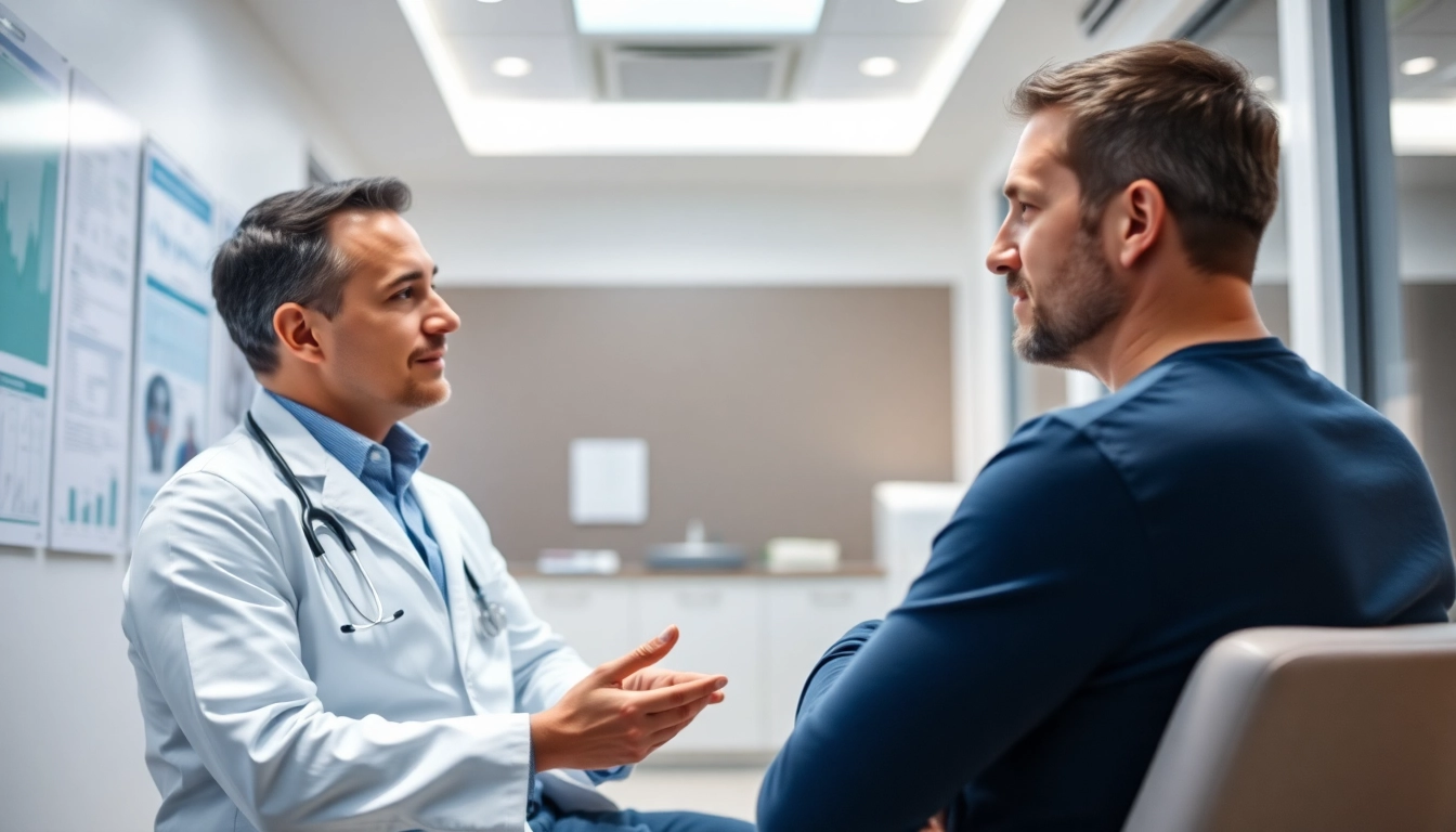 現代的なクリニック環境で医師とともに福岡の包茎手術の選択肢を検討する様子。