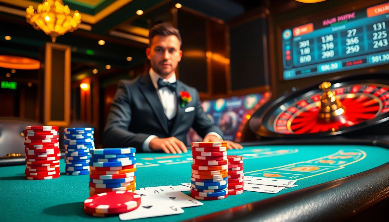 Play engaging blackjack at https://nk88net.com/ with luxury chips and cards in a vibrant casino scene.