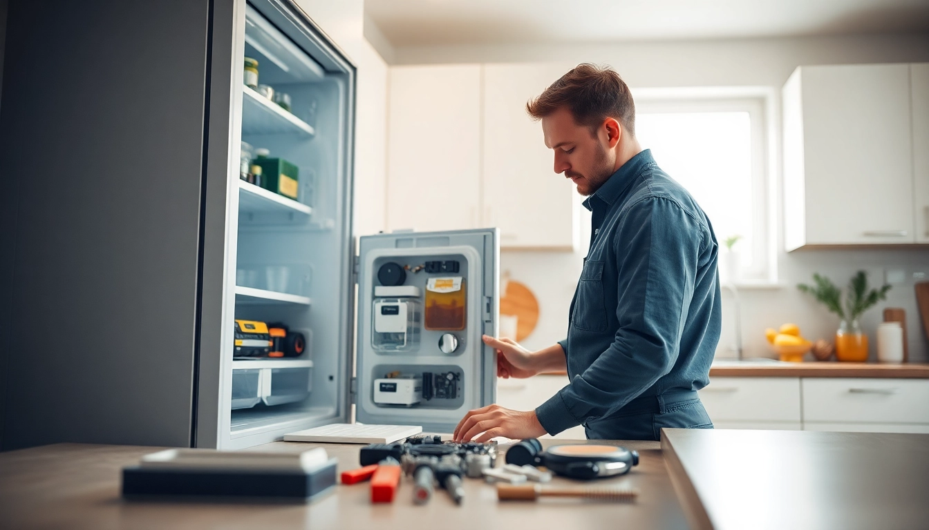 Technician offering refrigerator repair ottawa service in a bright kitchen setting.