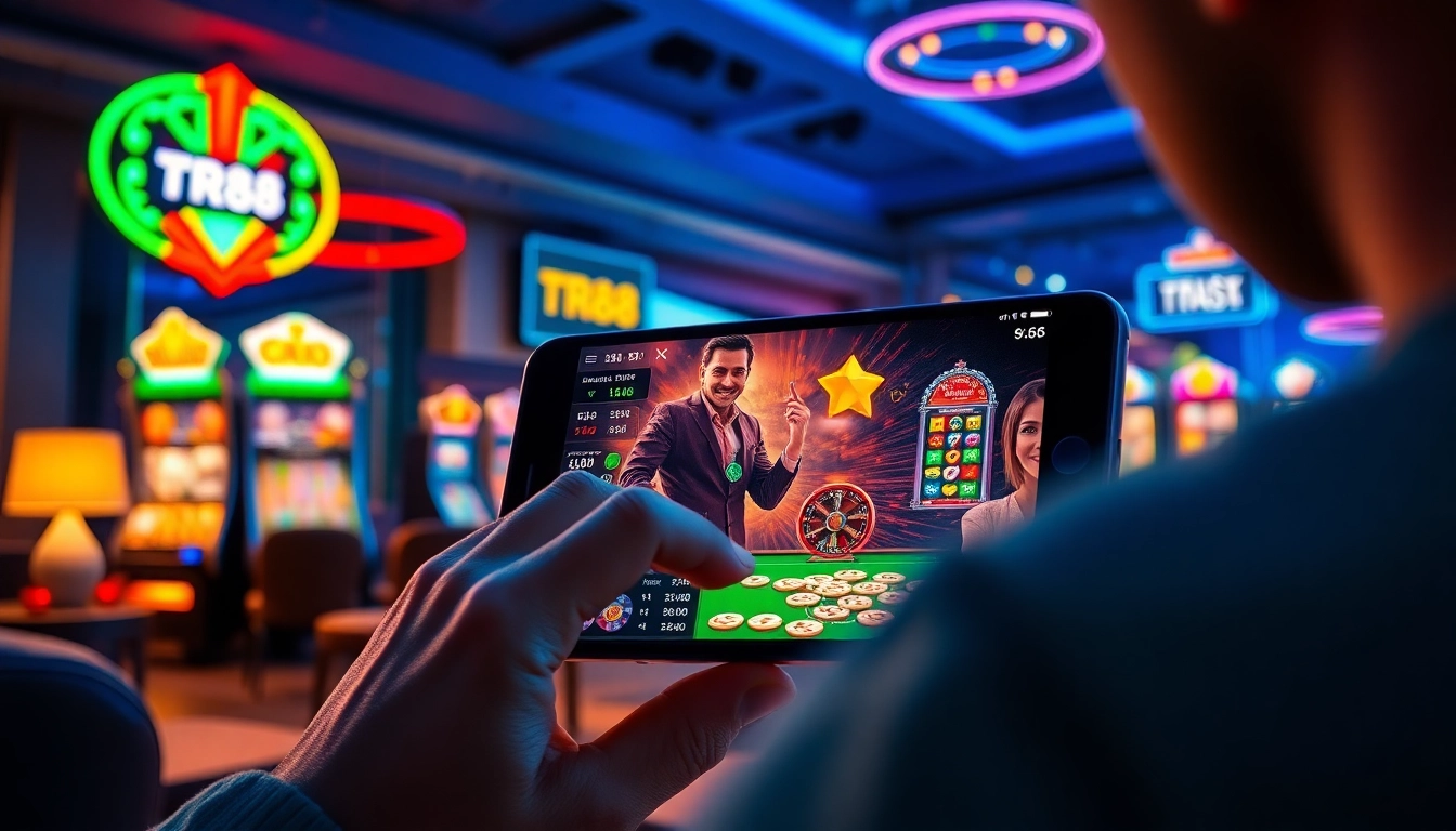 TR88 online gaming platform interface showcasing casino games and vibrant slot machines.
