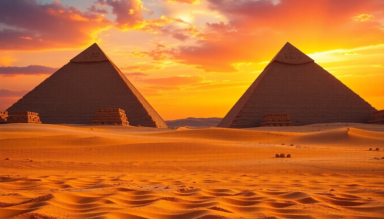 Visually stunning view of ancient pyramids showcasing the intricate details of piraminds at sunset.