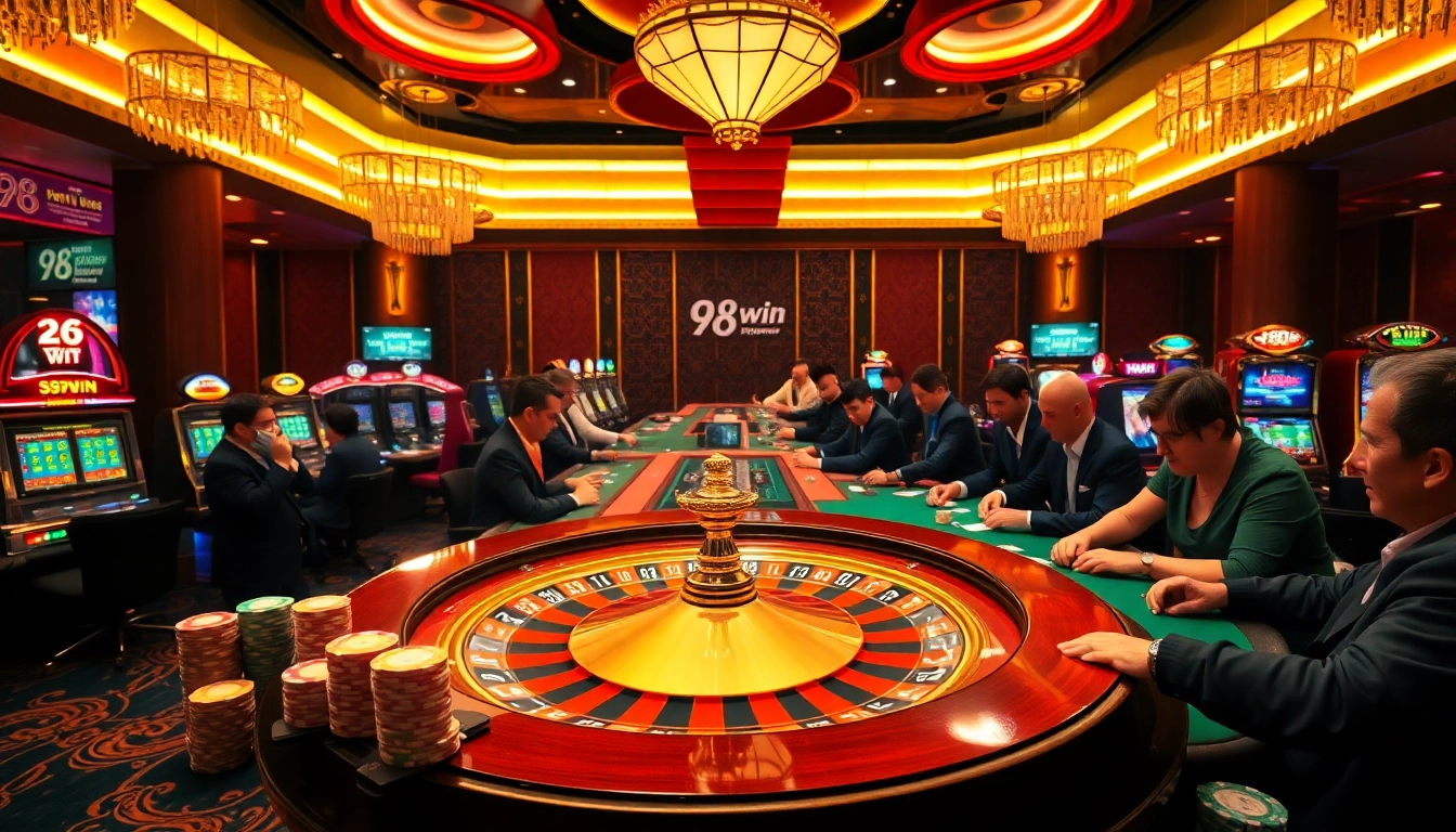 Experience thrilling gameplay at 98win with vibrant casino visuals highlighting poker chips and roulette wheels.