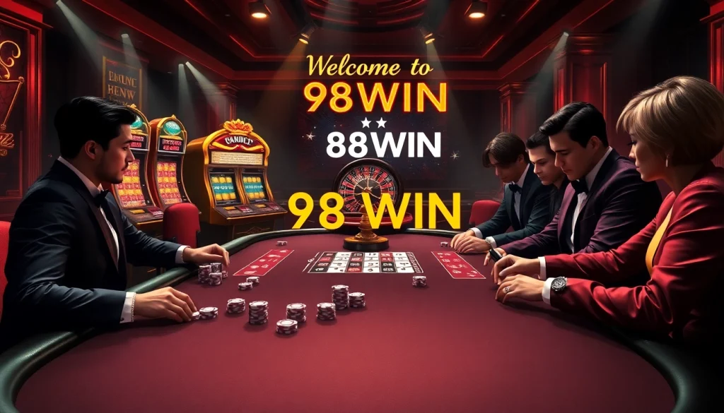 Intense poker gameplay at 98WIN casino featuring luxurious tables and vibrant slot machines.