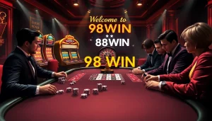 Intense poker gameplay at 98WIN casino featuring luxurious tables and vibrant slot machines.