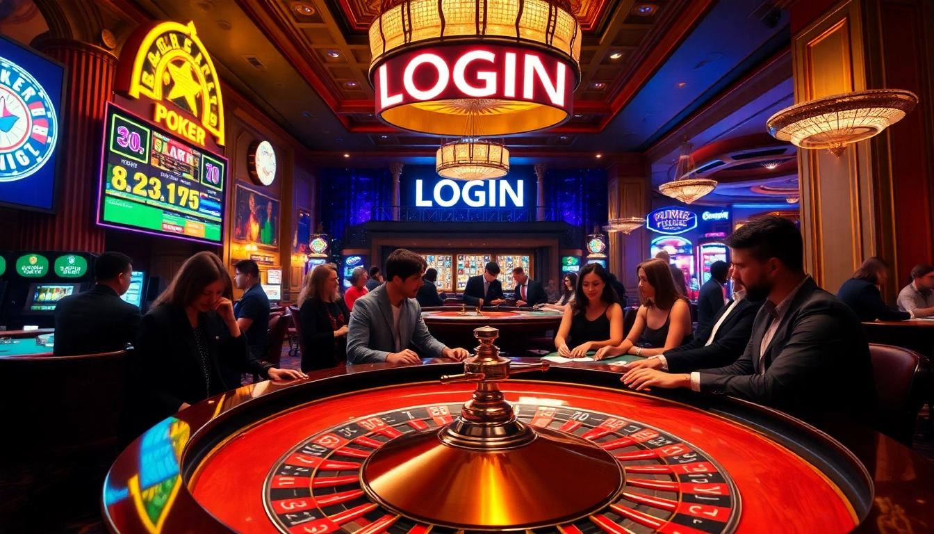 Login to your casino profile with excitement at a luxurious gaming table scene showcasing players and chips.