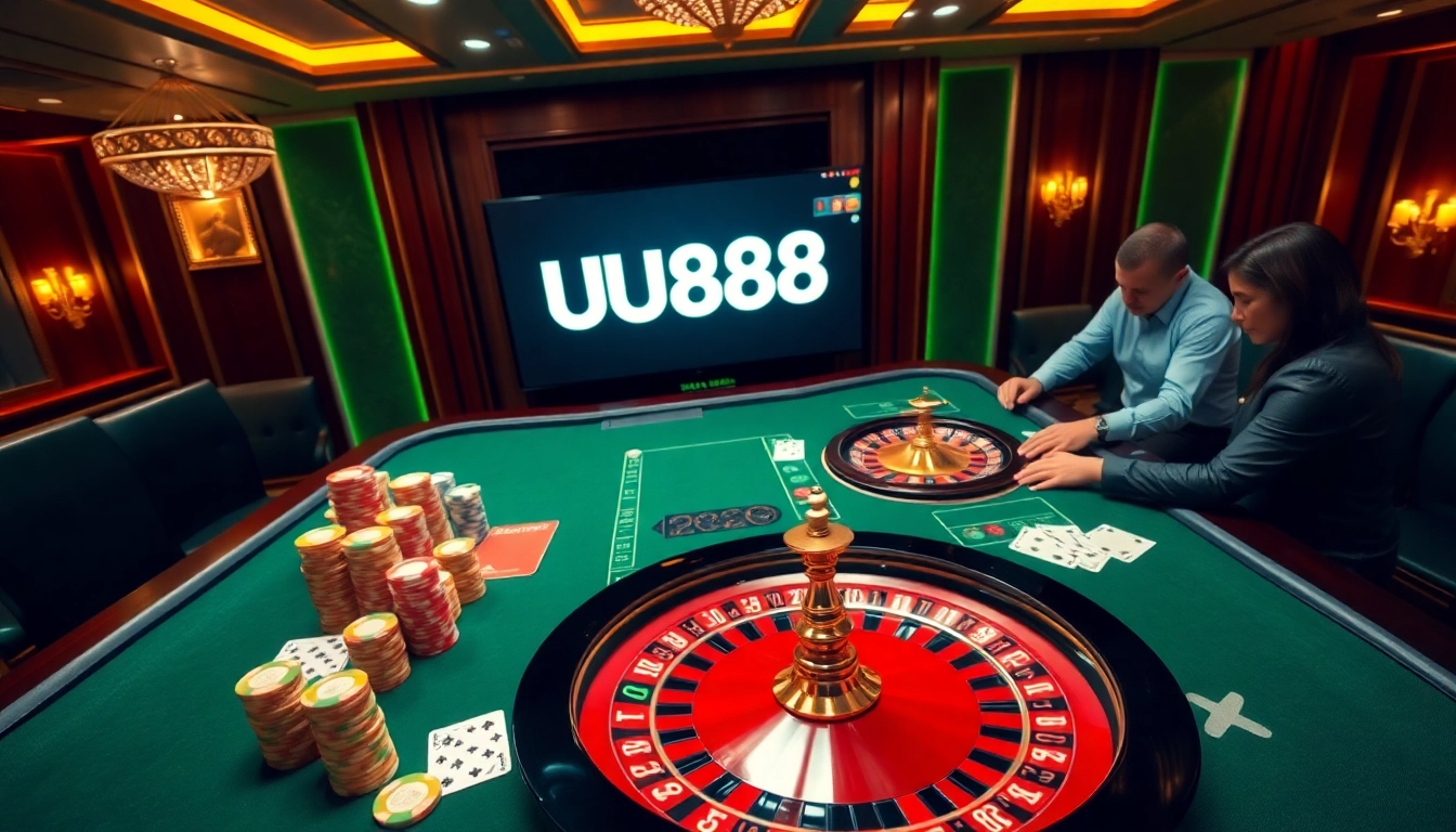 Experience the thrill of UU88 with engaged players at a poker table in a luxurious casino setting.