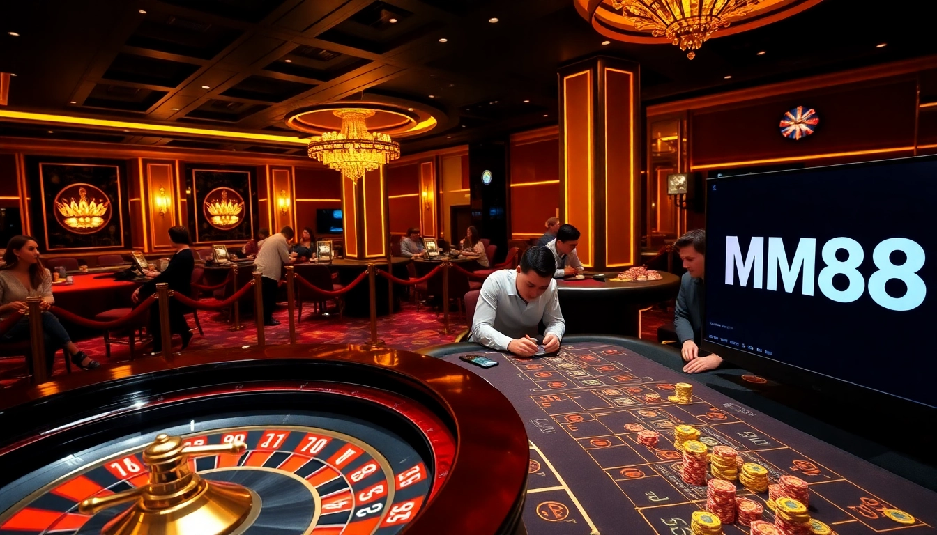 Exciting MM88 casino scene featuring dynamic gameplay with roulette and poker tables.