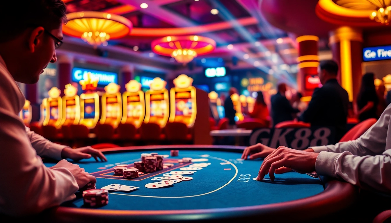 Experience GK88 at a lively casino table, surrounded by poker chips and cards.