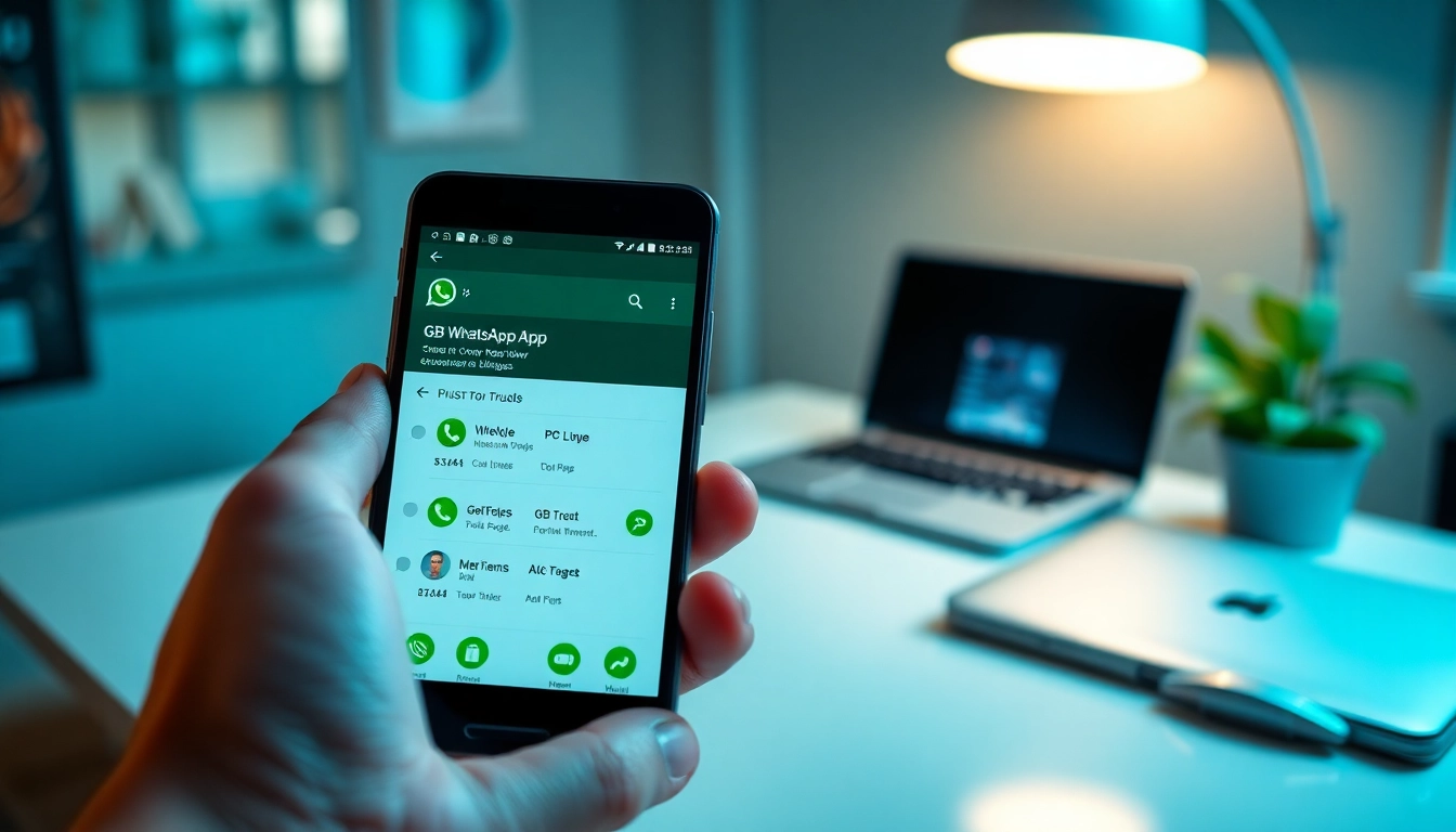 GB WhatsApp app interface displayed on a modern smartphone in a professional workspace.