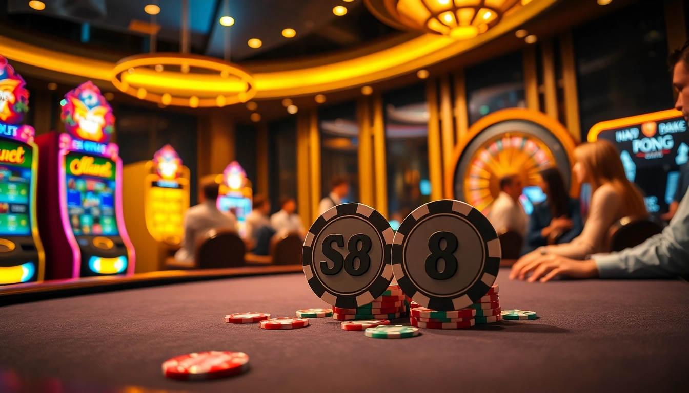 Engaging high-stakes poker action with S 8 chips at a vibrant casino table.