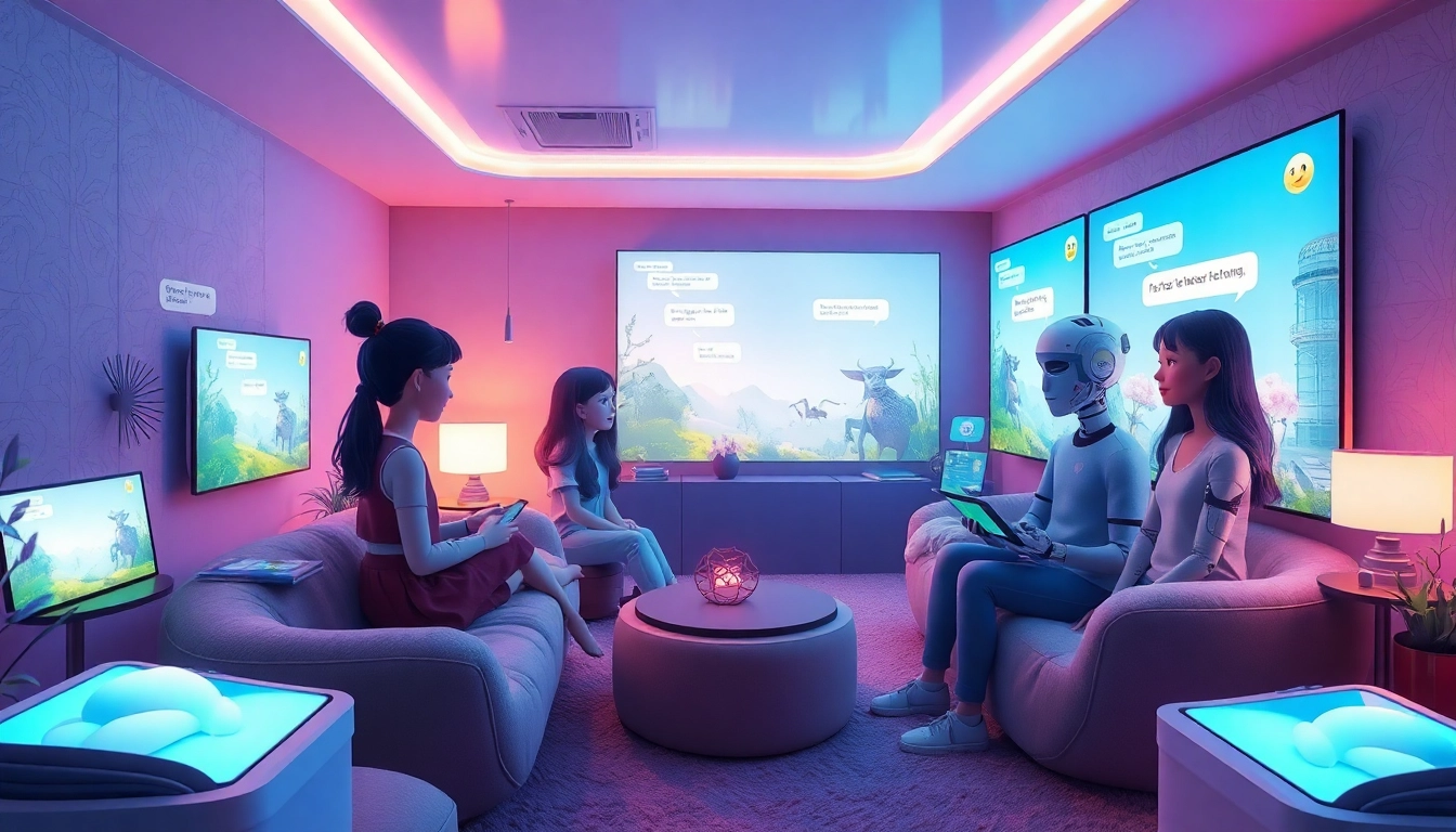 Engaging scene illustrating crush on ai with animated characters and cozy digital space.