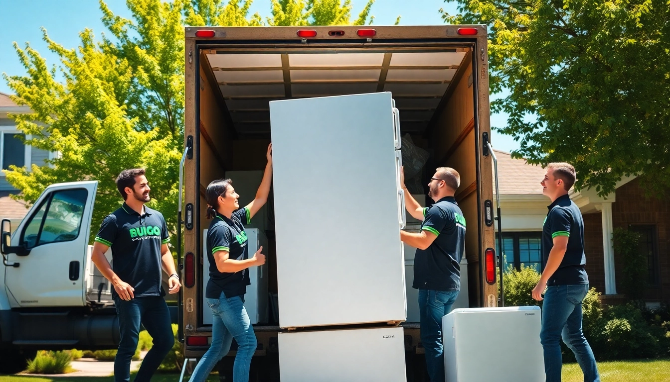 Appliance removal service team efficiently loading a refrigerator for eco-friendly disposal.