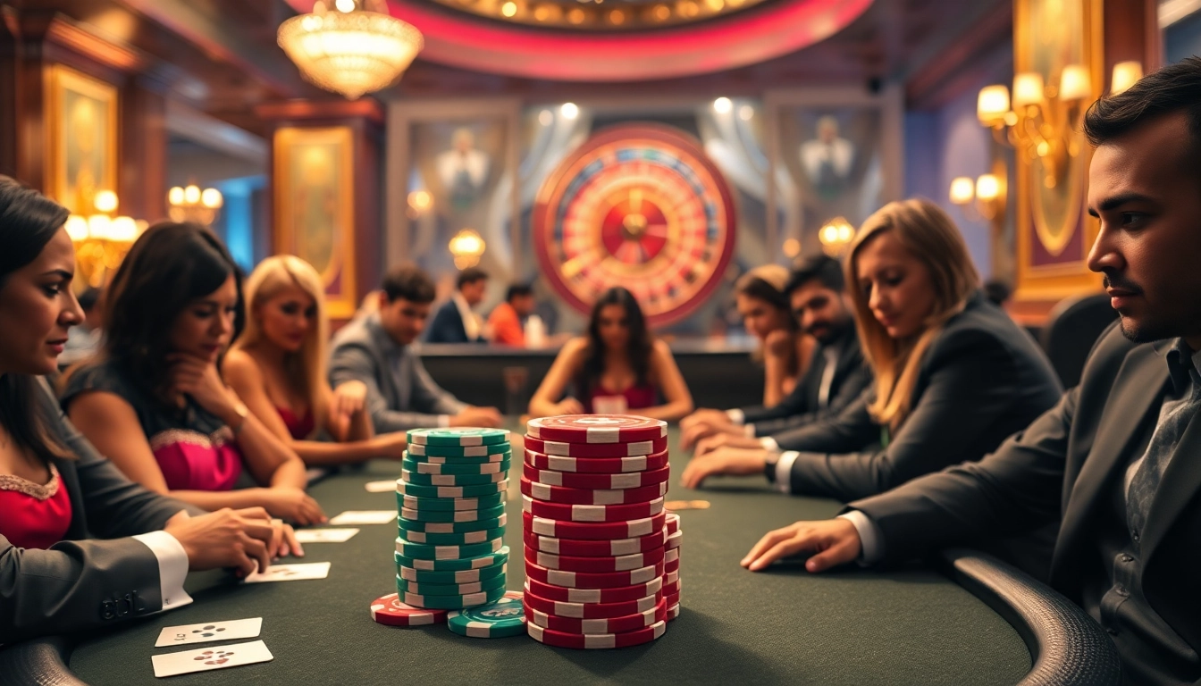 BDJL poker table scene showcasing players engaged in a high-stakes game with vibrant chips and cards.