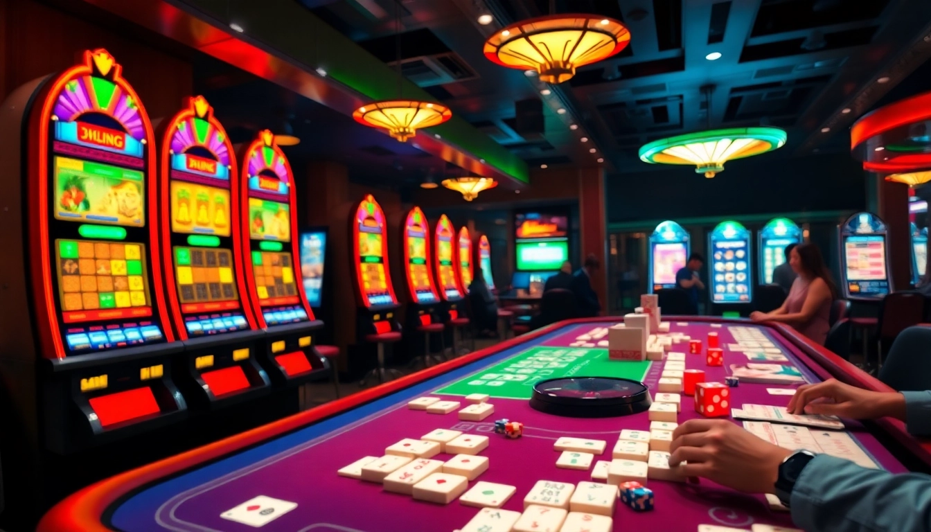 Berpartisipasilah dalam permainan Mahjong Link yang mendebarkan di tengah atmosfer kasino yang hidup dengan mesin slot dan chip poker.